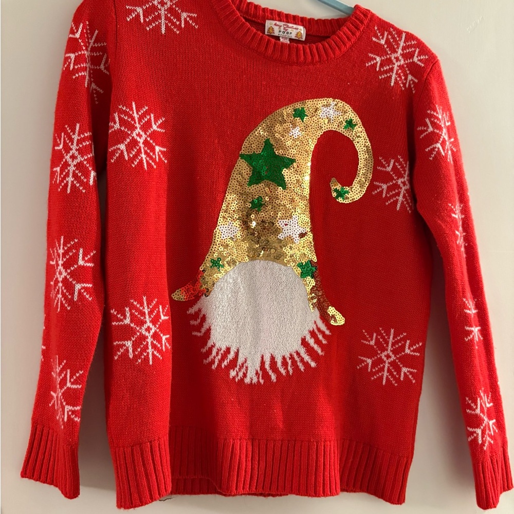 Festive Red Sweater with Gold Sequin Gnome